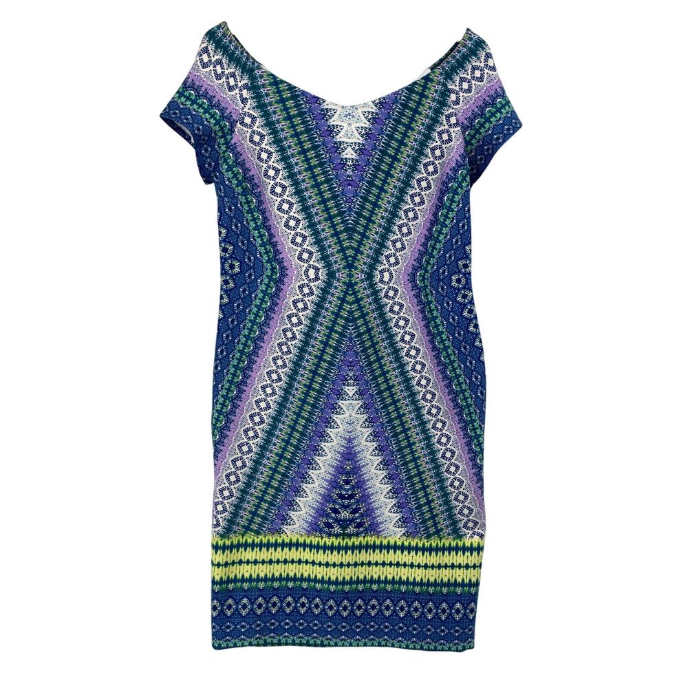 Bisou Bisou Michele Bohbot Dress Size 16 Blue Purple Geometric Sheath Stretch